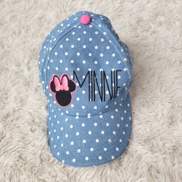 Disney Minnie Mouse Denim Blue White Polka Dot Girls Adjustable Baseball Cap Hat - Picture 1 of 5